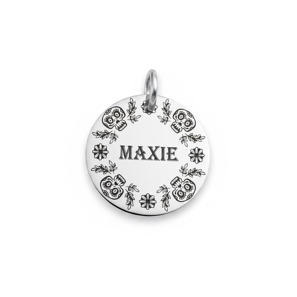 Sugar Skull Dog Tag | Custom Engraved Floral Pet ID, close-up detail