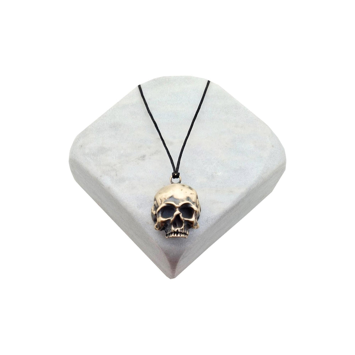 Brass Skull Necklace | 3D Gothic Memento Mori Pendant | Black Jade Cord Talisman, in Oxidized Brushed finish