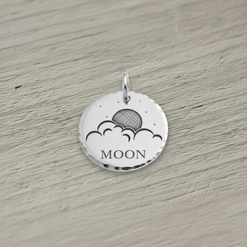 Celestial Dog Tag | Custom Sterling Silver Moon & Clouds Pet ID Tag | Night Sky Pet Charm, front view