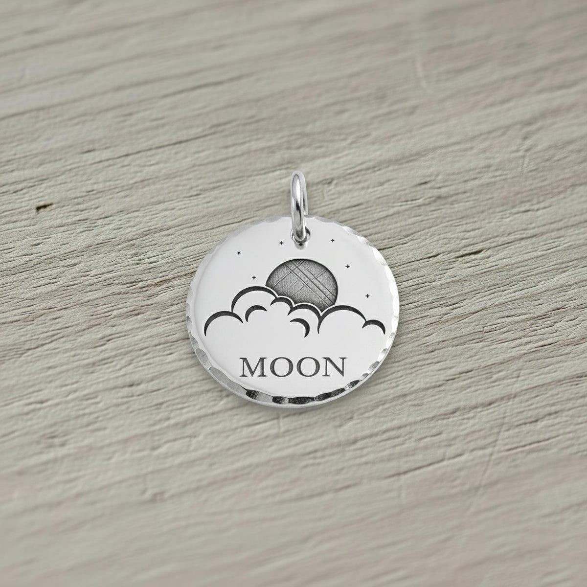 Celestial Dog Tag | Custom Sterling Silver Moon & Clouds Pet ID Tag | Night Sky Pet Charm, front view