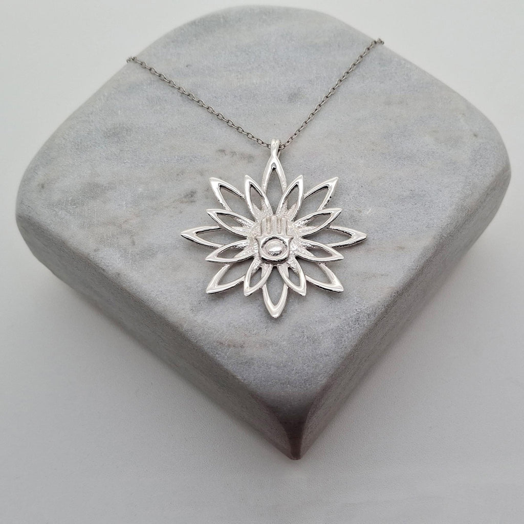 Blooming Hamsa Hand Necklace | Sterling Silver Lotus Protection Charm | Hand of Miriam Talisman, styled view
