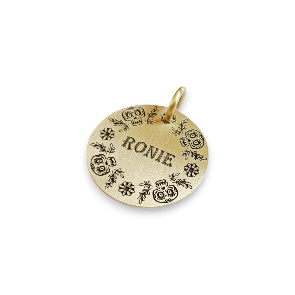 The Calavera Wreath Token | Artisan Floral Sugar Skull Pet ID & Custom Engraved Dog Tag, front view