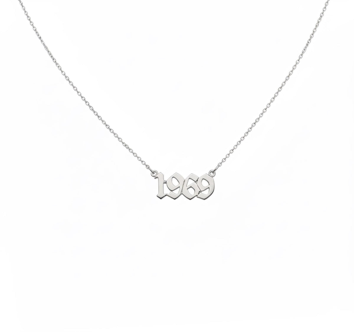 Custom Date Necklace | Old English Font Talisman, in White Gold Plated finish