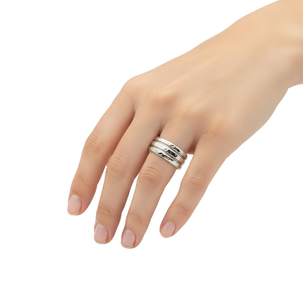 Hammered Unity Ring | Three Band Intertwined Sterling Silver Ring | Resilience & Harmony Talisman, styled view