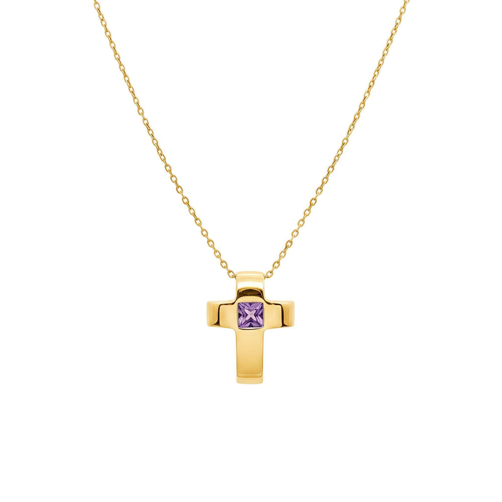 Amethyst Cross Necklace | Sterling Silver Modern Cross Pendant | February Birthstone Talisman, close-up detail