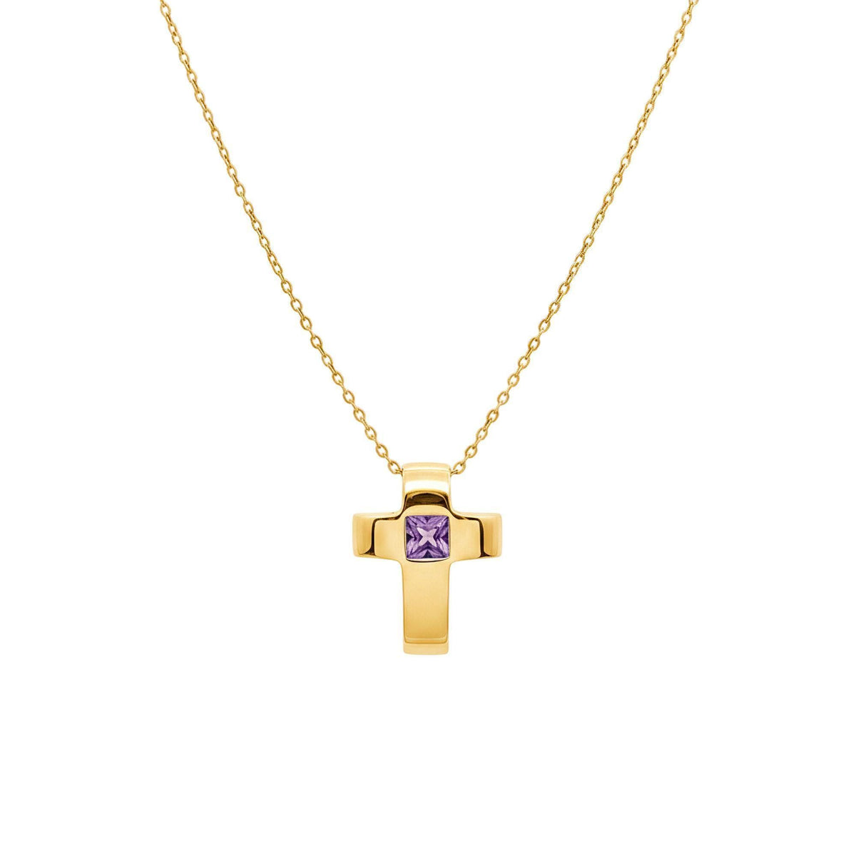 Amethyst Cross Necklace | Sterling Silver Modern Cross Pendant | February Birthstone Talisman, close-up detail