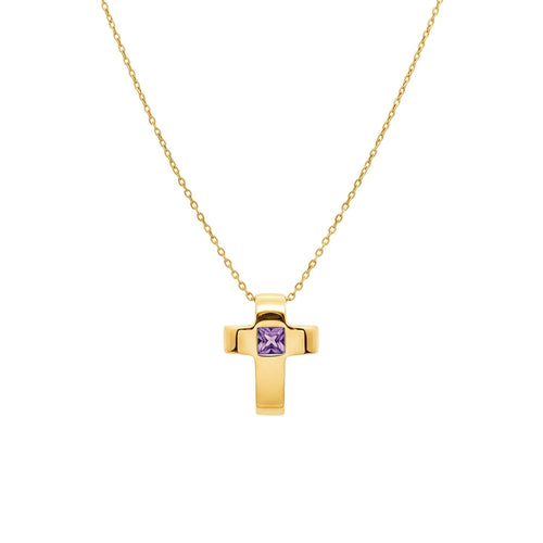 Amethyst Cross Necklace | Sterling Silver Modern Cross Pendant | February Birthstone Talisman, close-up detail