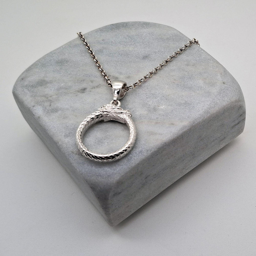 Ouroboros Dragon Necklace, Sterling Silver (Eternity Symbol Pendant), close-up detail