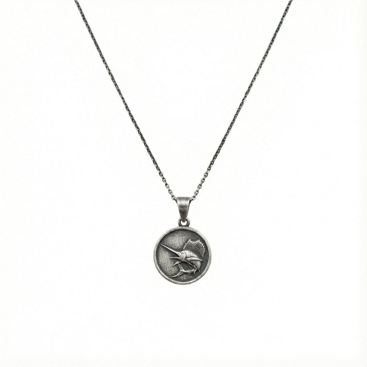 Sailfish Charm Necklace | Sterling Silver Ocean Medallion | Coastal Marlin Swordfish Pendant | Custom Engraved, in Oxidized Silver 925 finish