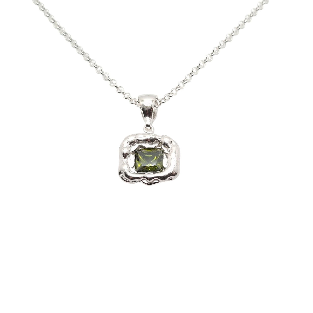 Olive Green CZ Pendant | Forest Earth Talisman, in White Gold Plated finish