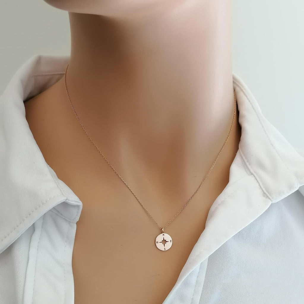 Sterling Silver Compass Necklace | True North Travel Talisman | Minimalist Charm, front view