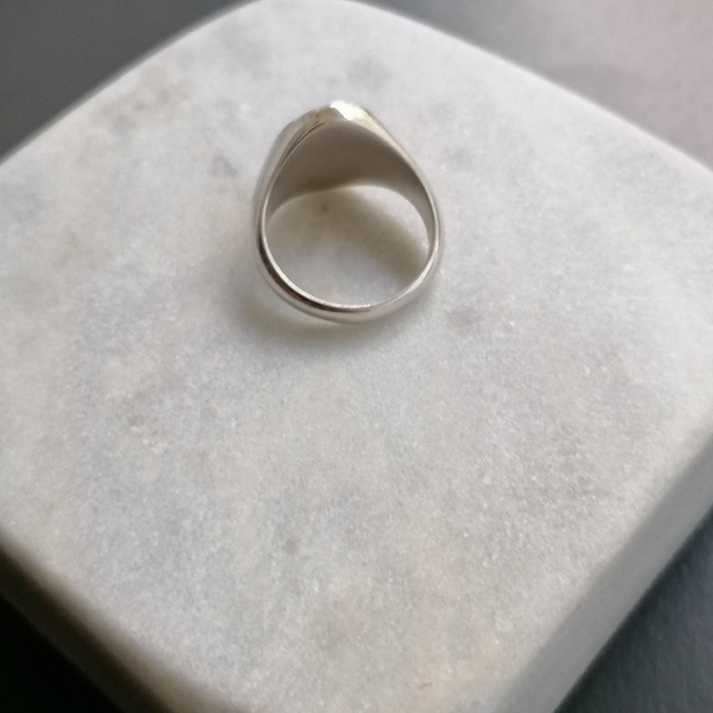 Unisex Silver Chevalier Ring | Minimalist Blank Signet, close-up detail