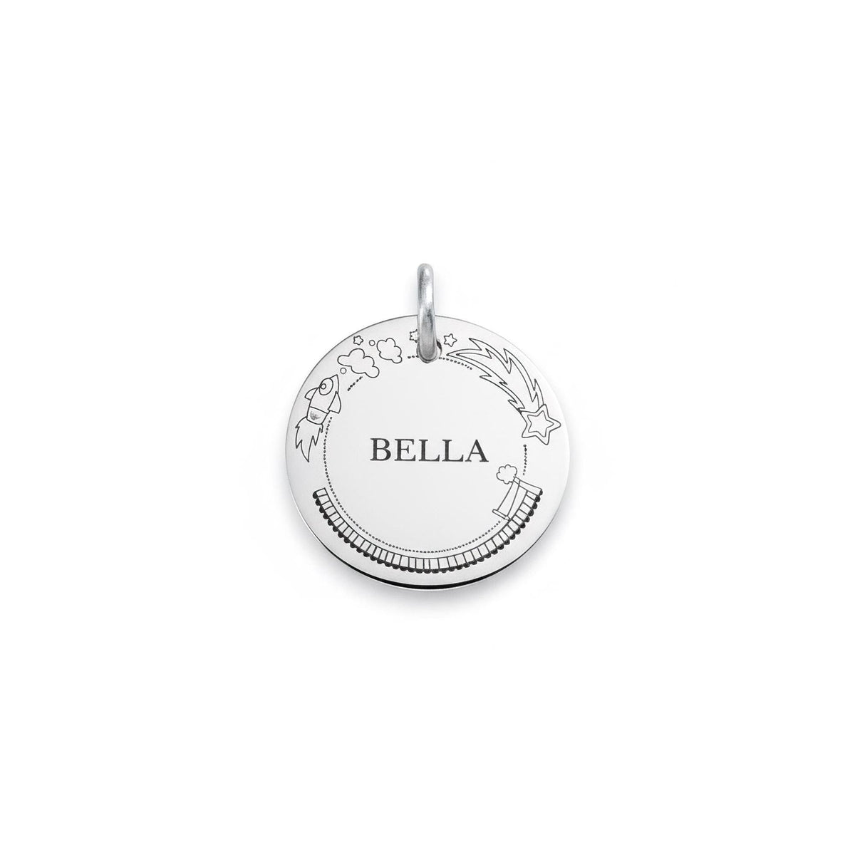 Rocket & Stars Dog Tag | Personalized Sterling Silver Space Pet ID Tag | Engraved Celestial Dog Charm, styled view