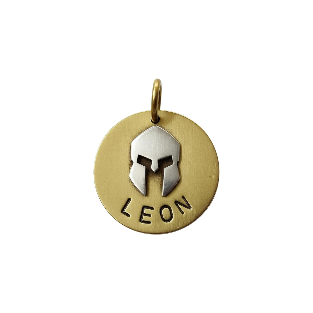 The Warrior's Shield Token | Artisan Spartan Helmet Pet ID & Custom Tag, in Brass with Silver Top finish