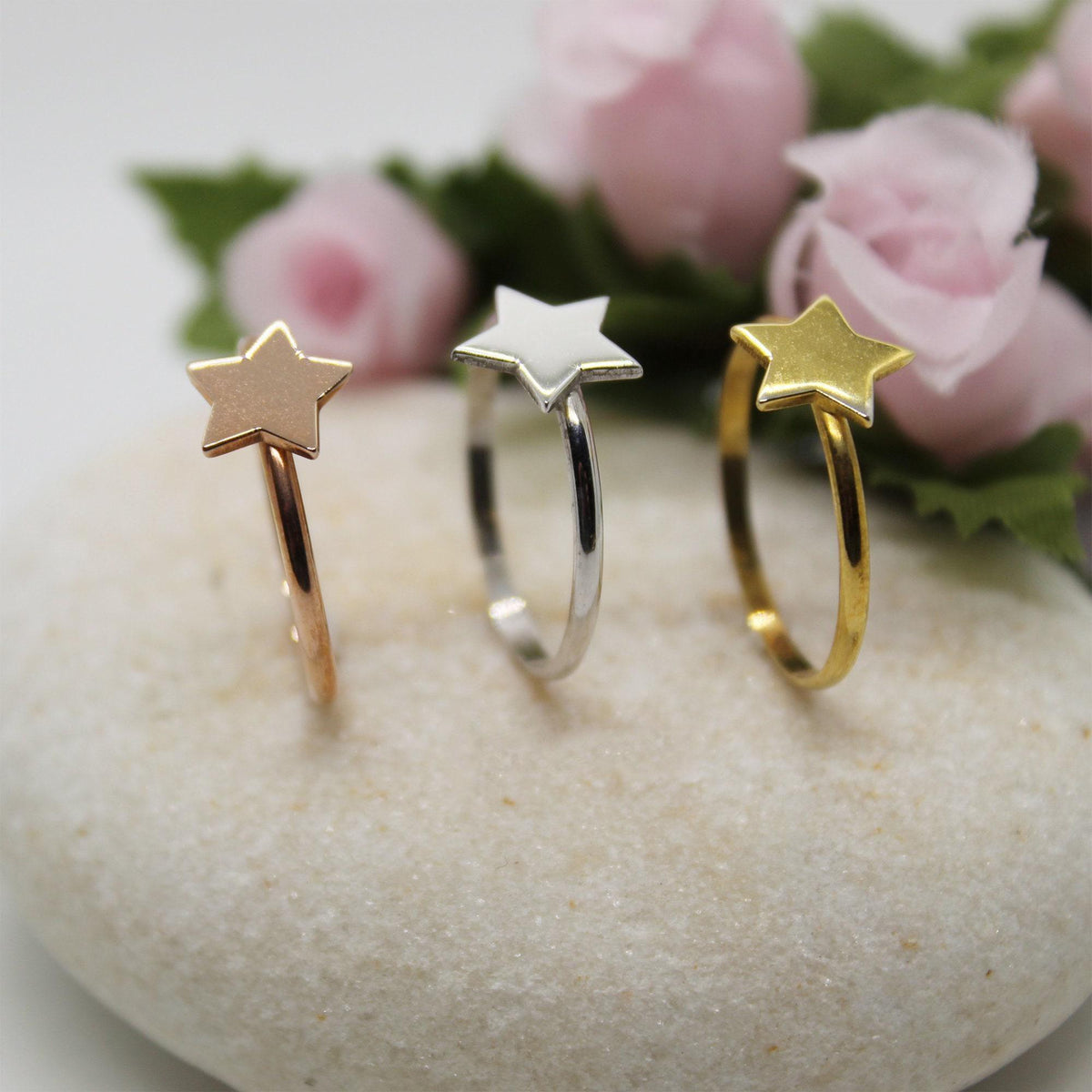 Sterling Silver Star Ring | Dainty Celestial Stacking Band | Wishing Star Talisman, styled view