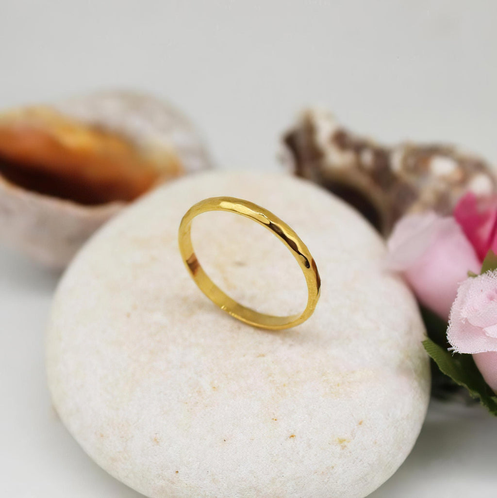 Hammered 14K Gold Wedding Band | Dainty Unisex Stacking Ring | Solid Gold Promise Band, close-up detail