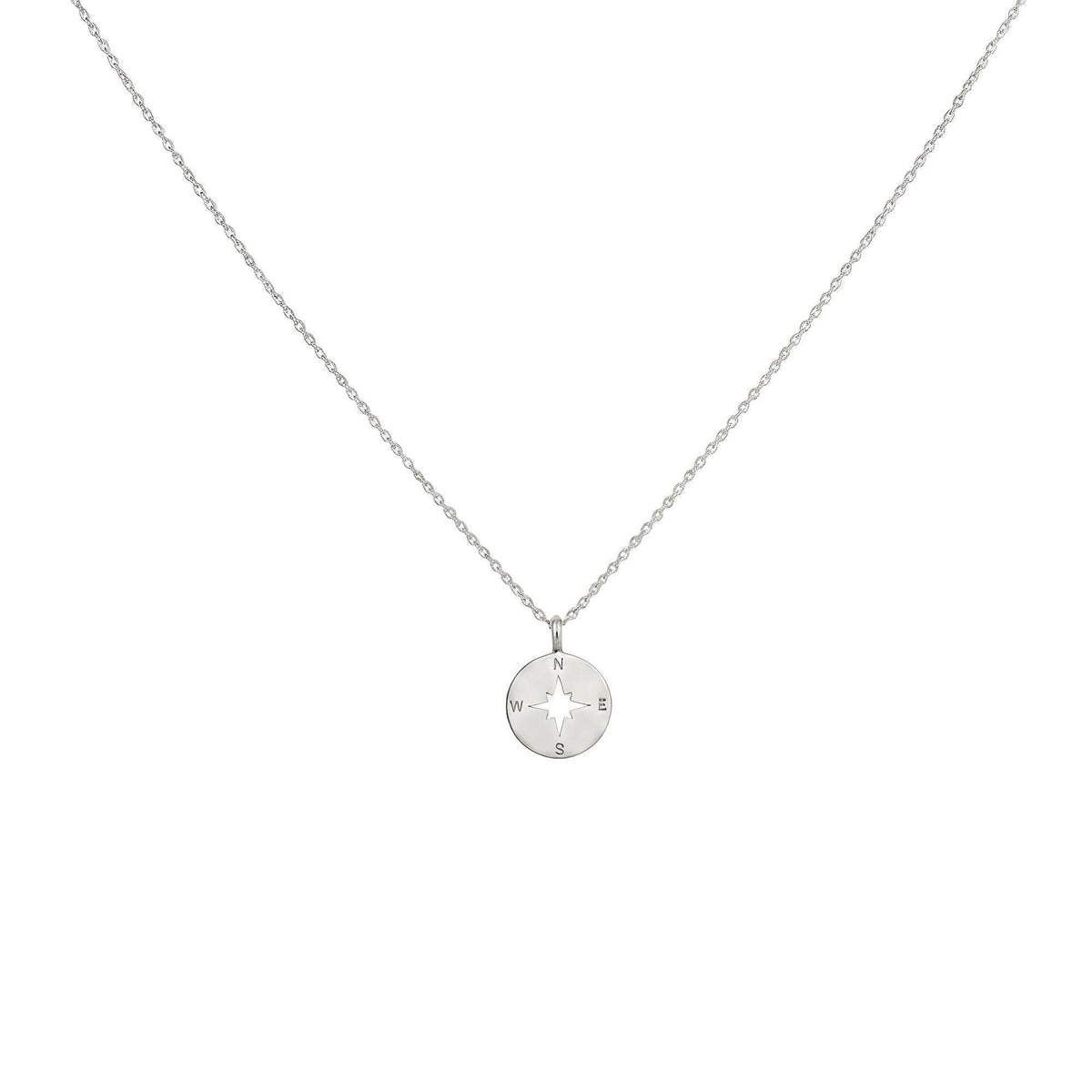 Sterling Silver Compass Necklace | True North Travel Talisman | Minimalist Charm, in White Gold Plated finish