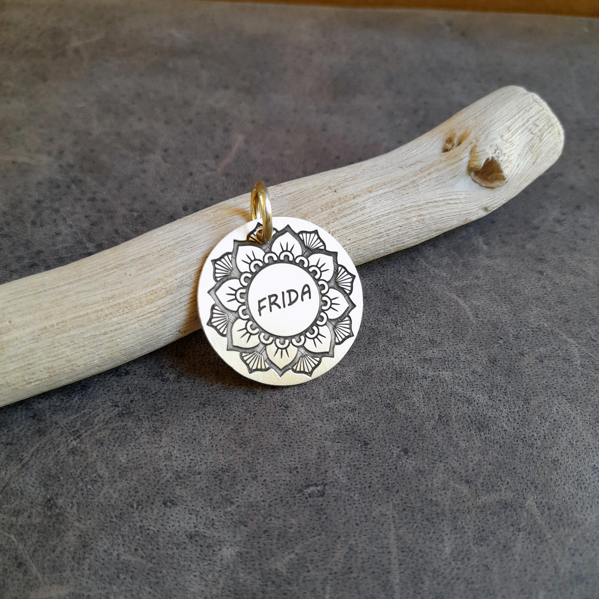 The Mystic Mandala Token | Artisan Flower Pet ID & Custom Engraved Dog Tag, close-up detail