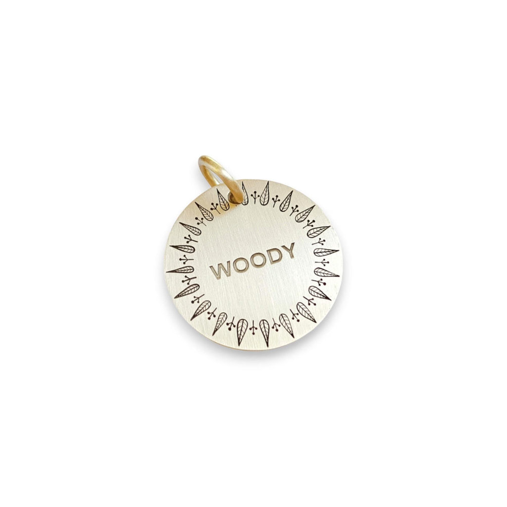 The Leaf Token | Artisan Patterned Pet ID & Custom Engraved Dog Tag, styled view