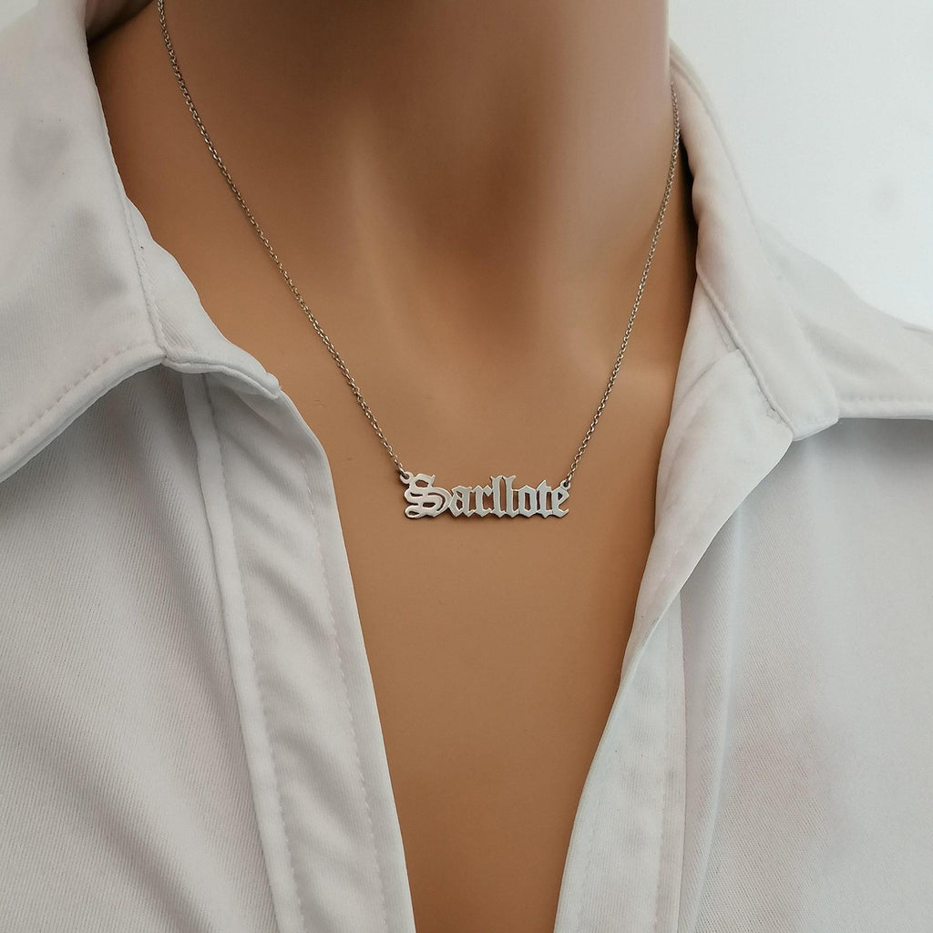 Old English Name Necklace | Custom Gothic Identity Talisman, styled view