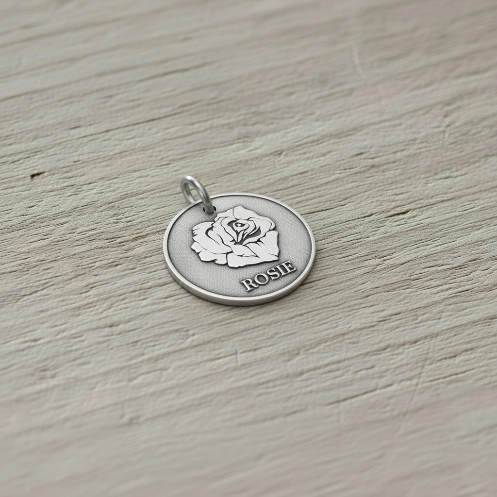 Rose Dog Tag | Personalized Sterling Silver Floral Pet ID Tag | Engraved Flower Dog Charm, front view
