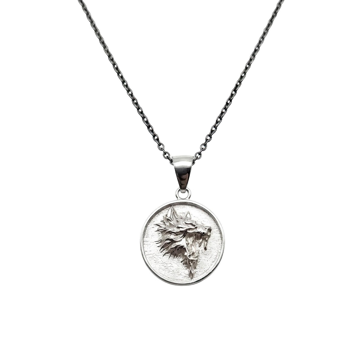 Wolf Medallion Necklace | Wild Spirit Talisman, in White Gold Plated finish