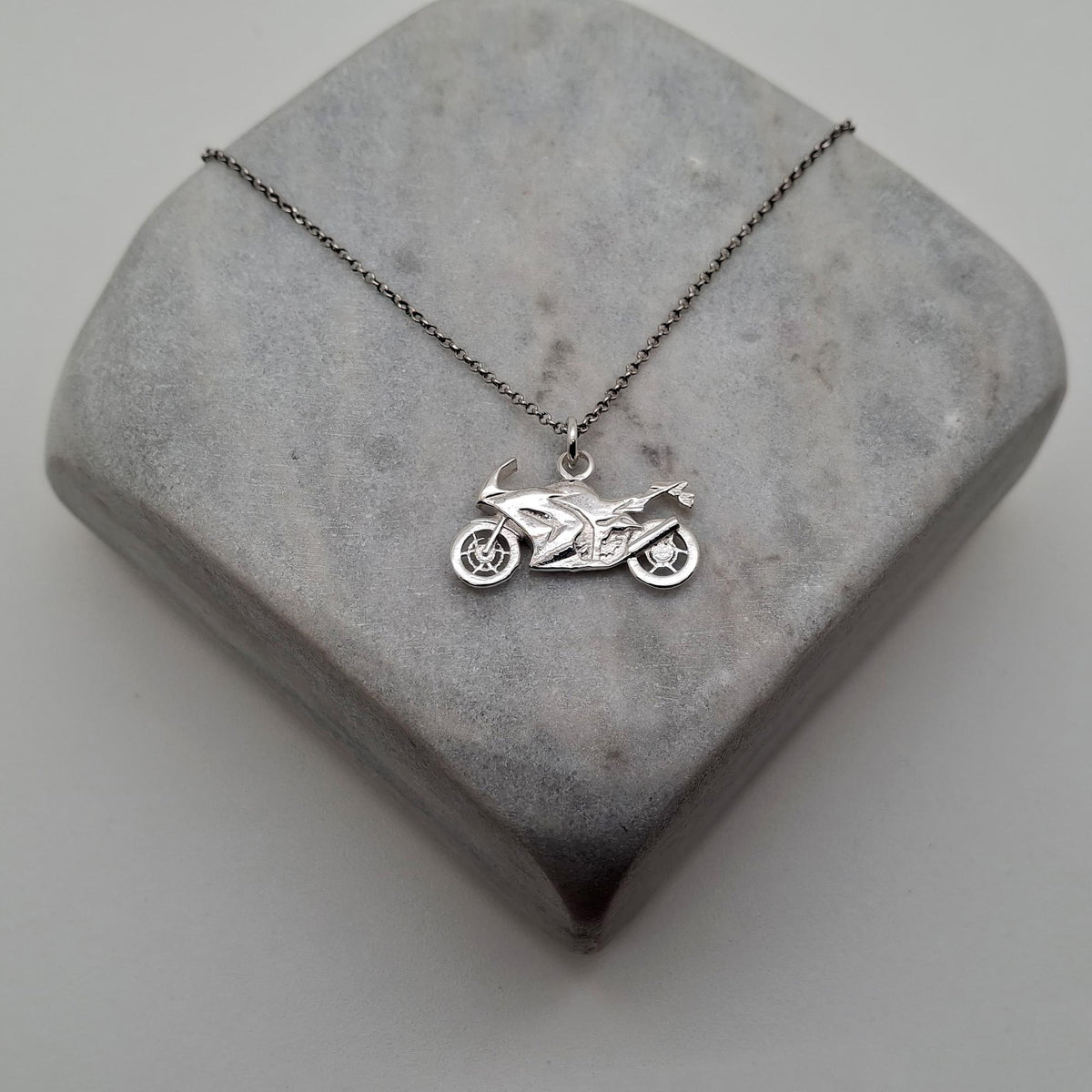 Motorcycle Pendant Necklace | Sterling Silver Sportbike Charm | Superbike Biker Jewelry, alternate angle