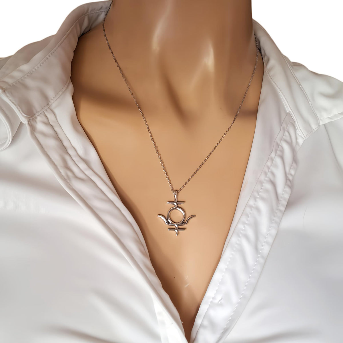Pluto Symbol Necklace | Esoteric Rebirth Talisman, styled view
