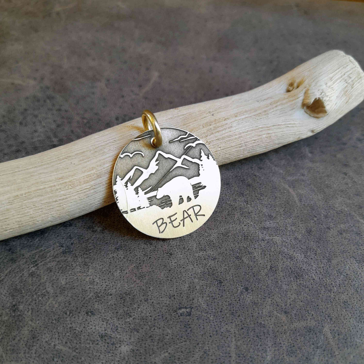 The Alpine Bear Token | Artisan Forest Pet ID & Custom Engraved Dog Tag, close-up detail