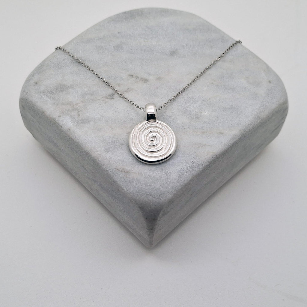 Spiral Talisman Necklace | Gold Plated Celtic Growth Symbol Pendant | Ancient Coin Medallion, front view