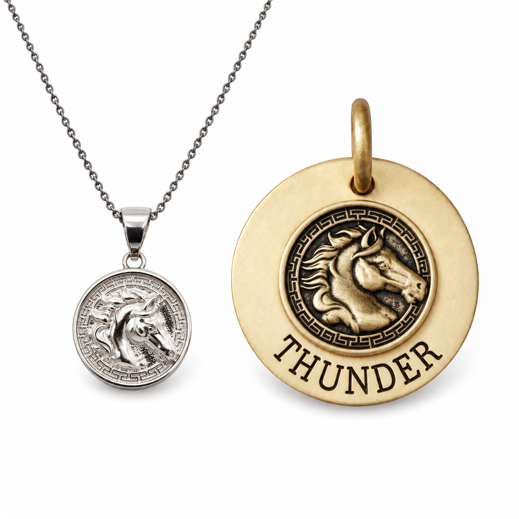 Horse Bond — horse medallion necklace and horse sigil dog tag worn as the symbolon pair