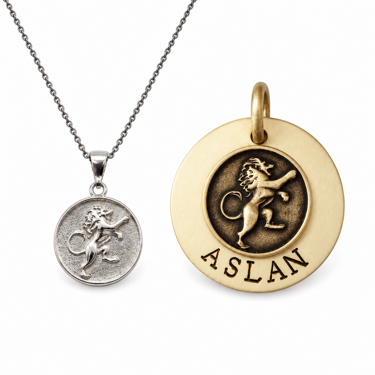 Rampant Lion Bond — rampant lion necklace and rampant lion sigil dog tag worn as the symbolon pair