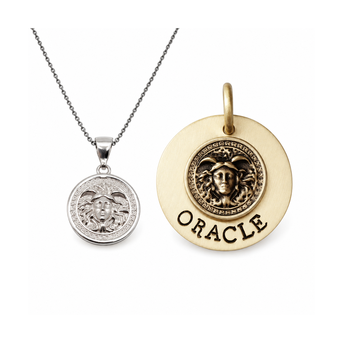 Medusa Bond — Medusa medallion necklace and Oracle Sigil dog tag worn as the symbolon pair