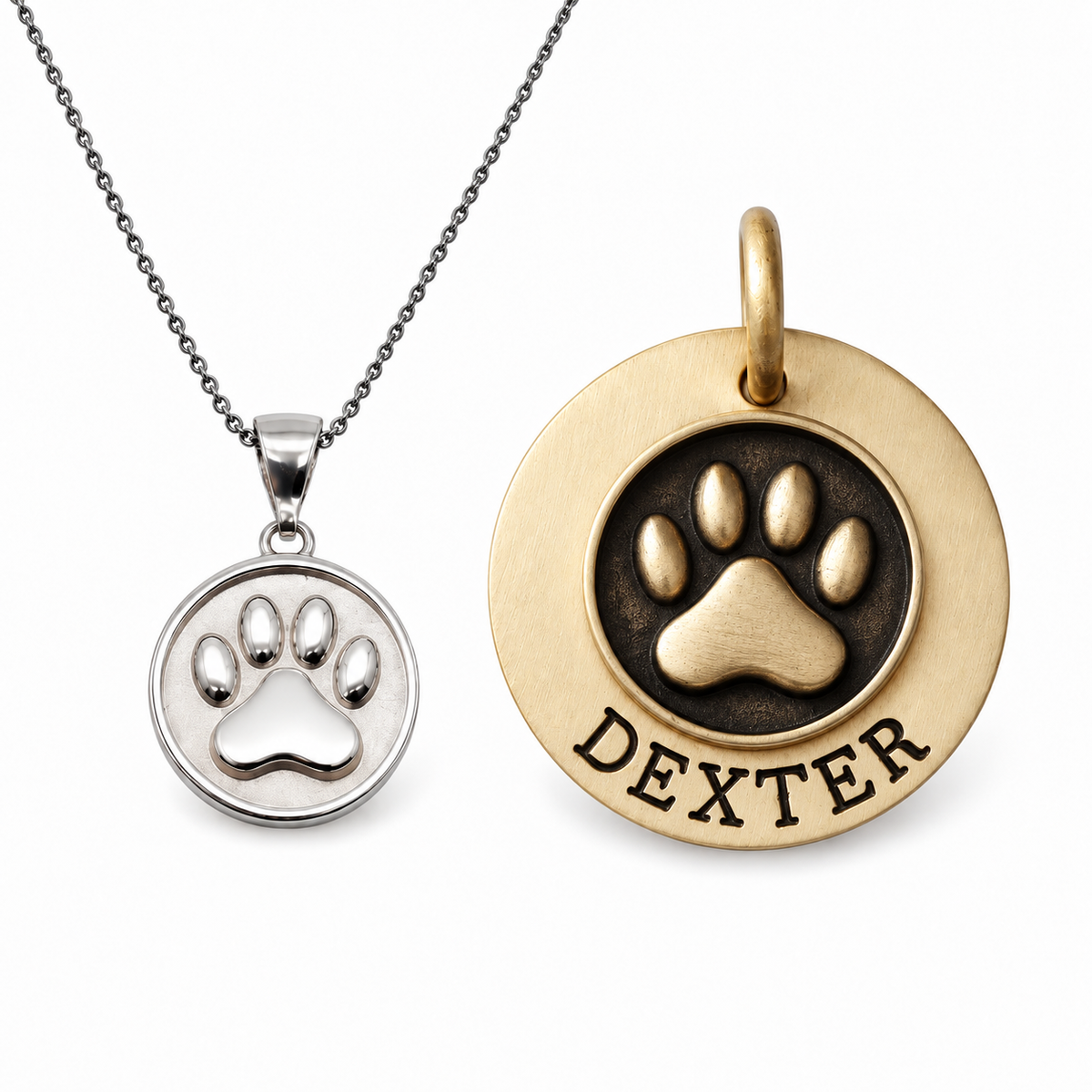 Paw Bond — paw print necklace and paw sigil dog tag worn as the symbolon pair