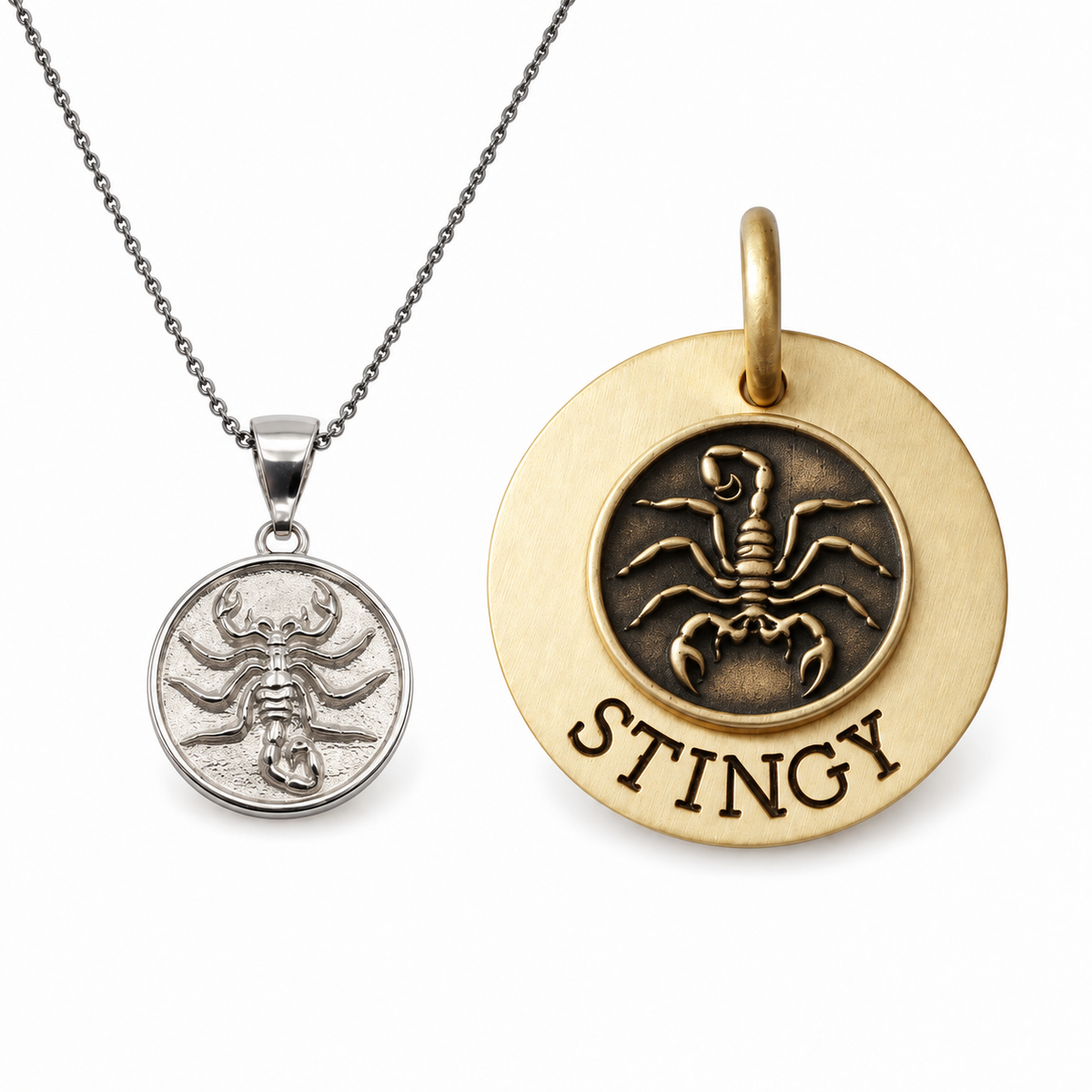 Scorpion Bond — scorpion medallion necklace and Scorpion Sigil dog tag worn as the symbolon pair