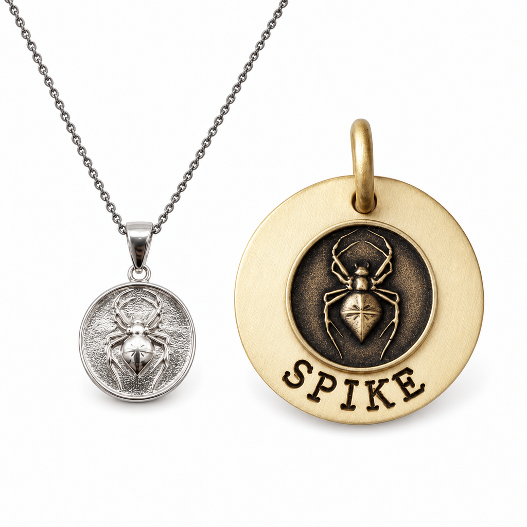 Spider Bond — spider medallion necklace and Weaver spider dog tag worn as the symbolon pair