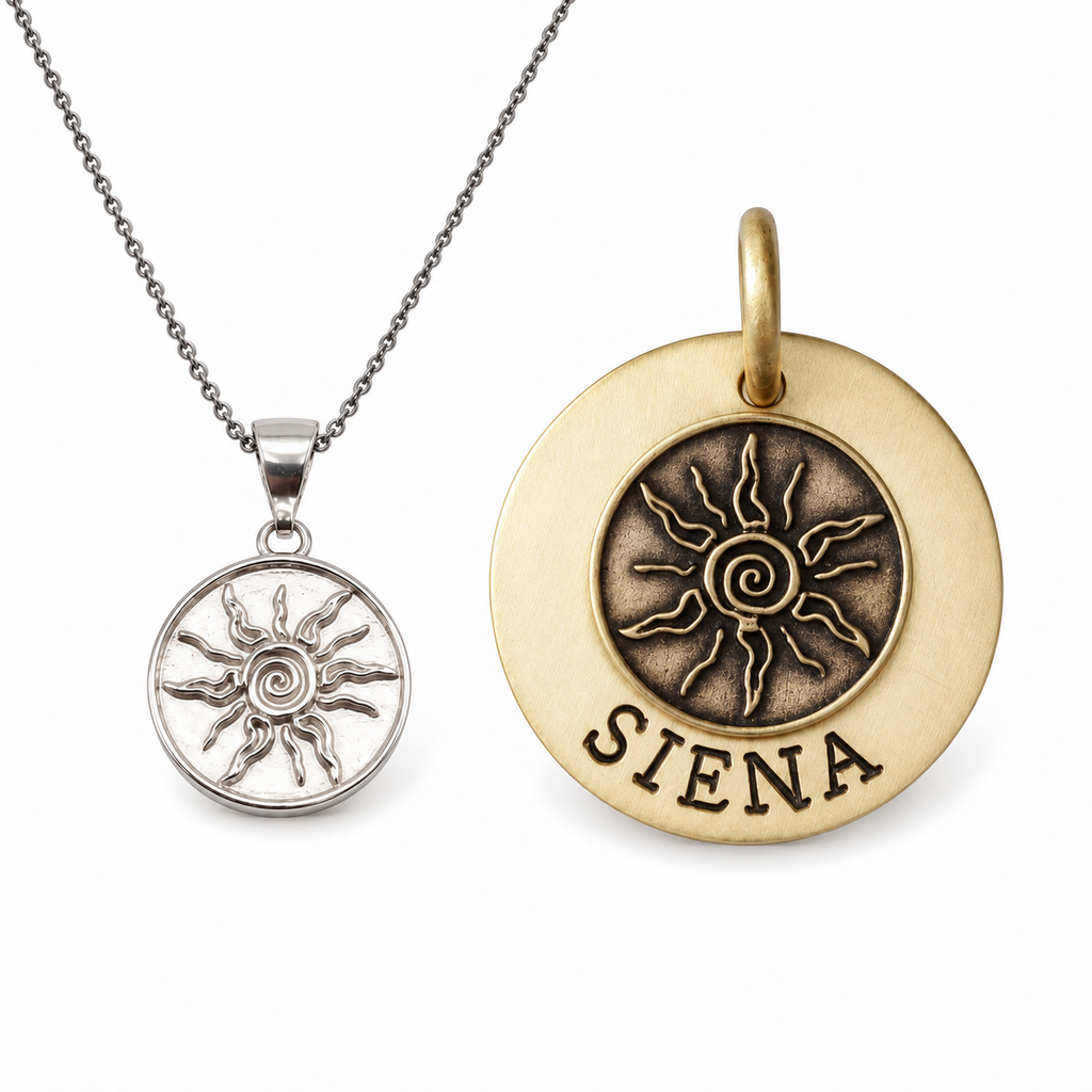 Spiral Sun Bond — tribal sun necklace and spiral sun dog tag worn as the symbolon pair