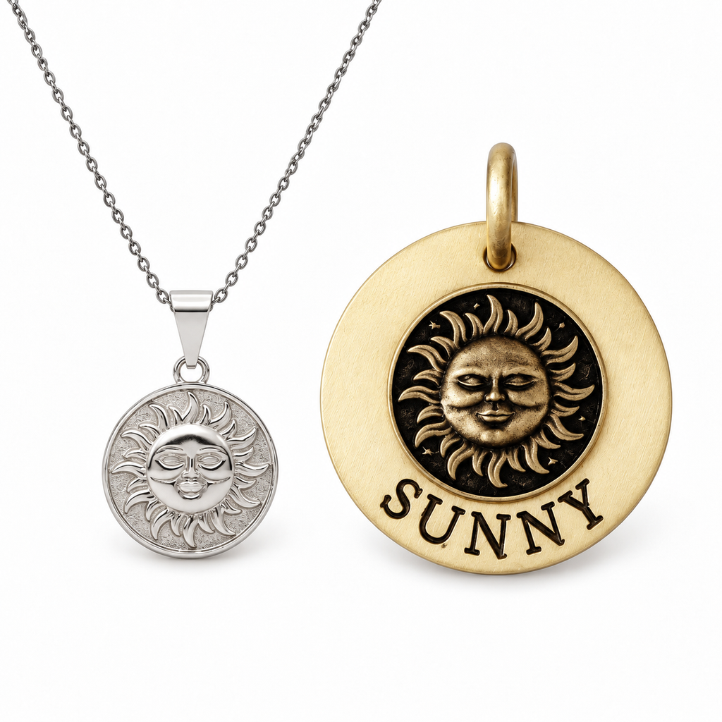 Sun Bond — smiling sun necklace and sun sigil dog tag worn as the symbolon pair