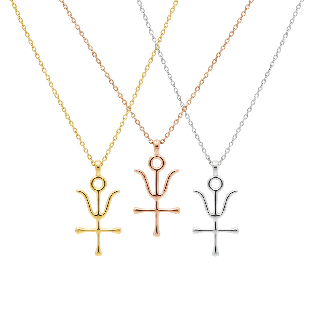Three symboliko jewelry necklaces with pendant symbols in gold, rose gold, and silver, displayed on a clean white background with the brand logo at the bottom.
