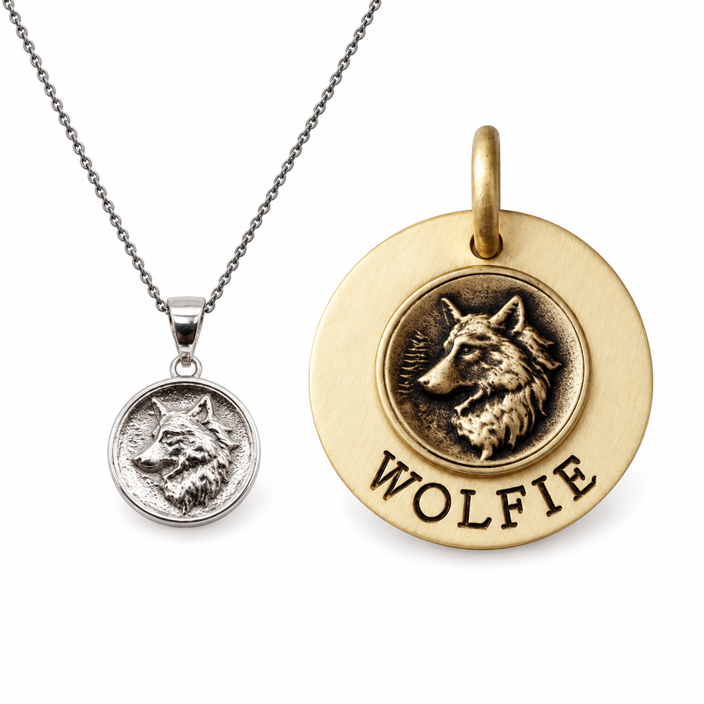 Nordic Wolf Bond — Nordic wolf charm necklace and Wilderness Sigil dog tag worn as a pair