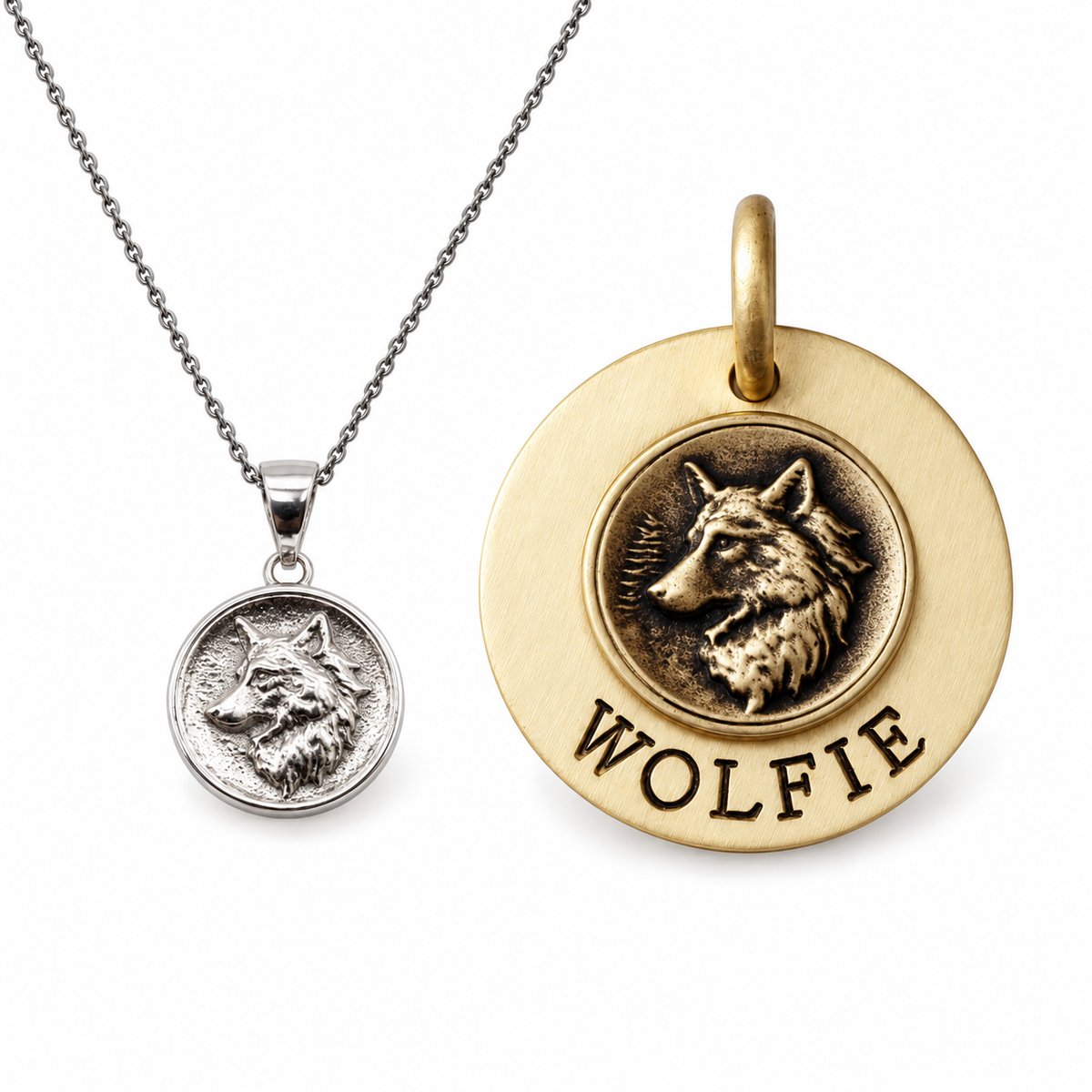 Nordic Wolf Bond — Nordic wolf charm necklace and Wilderness Sigil dog tag worn as a pair